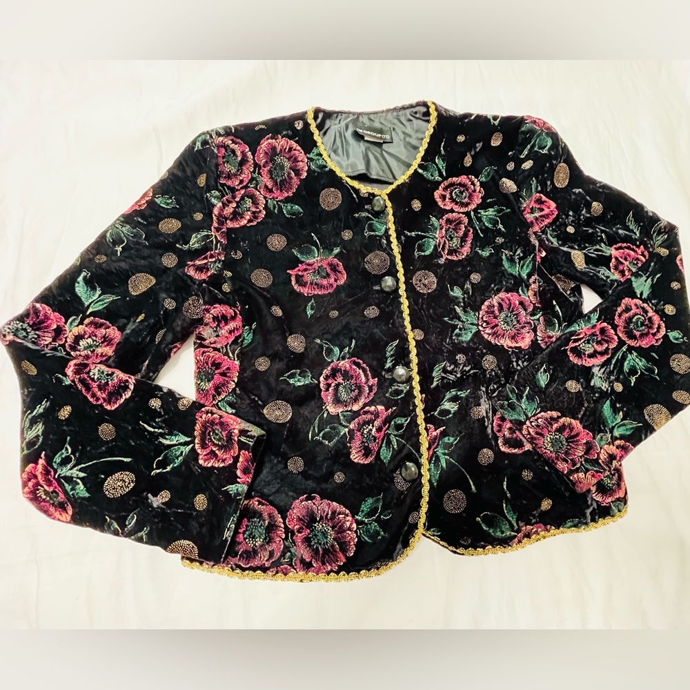 VINTAGE Black Velvet Floral pattern Jacket with Gold Trim